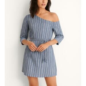 BCBGMAXAZRIA Jolee Cotton Striped One Shoulder 3/4 Sleeve Mini Dress Blue S